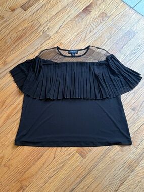 Jones New York Black Pleated Off-Shoulder Mesh Yoke Top